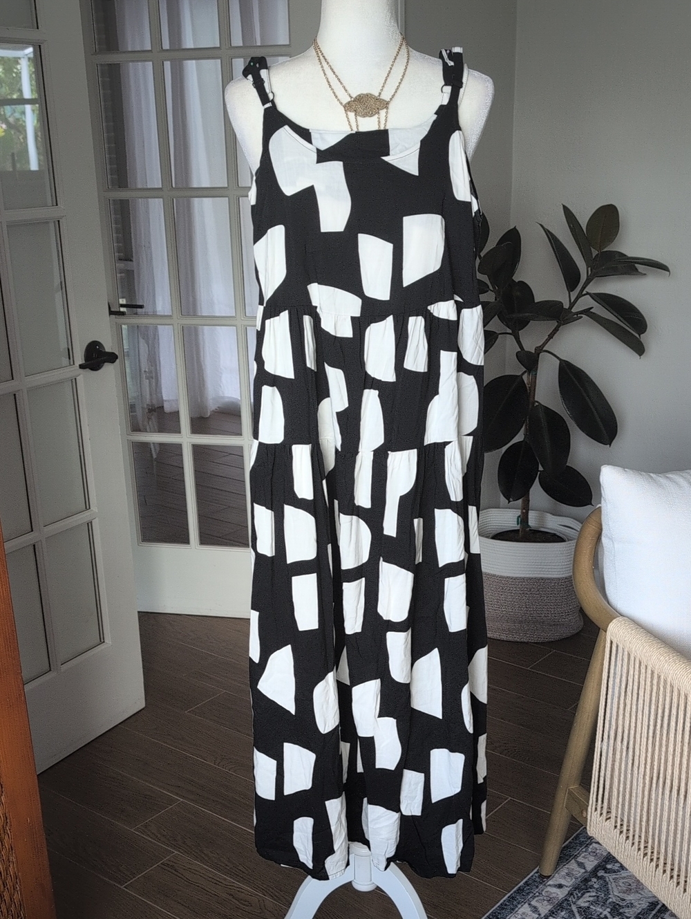 Yes No Black & White Geometric Maxi Summer Sun Dress Small - Picture 2 of 8